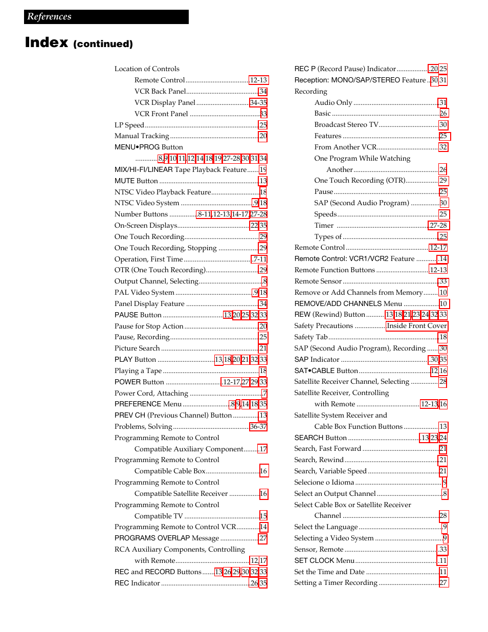 Index, 40 references, Continued) | RCA VGM500 User Manual | Page 42 / 44