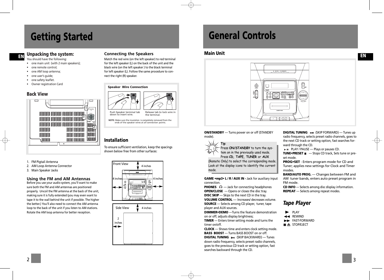 Getting started, General controls, Tape player | RCA RS2655 User Manual | Page 3 / 9