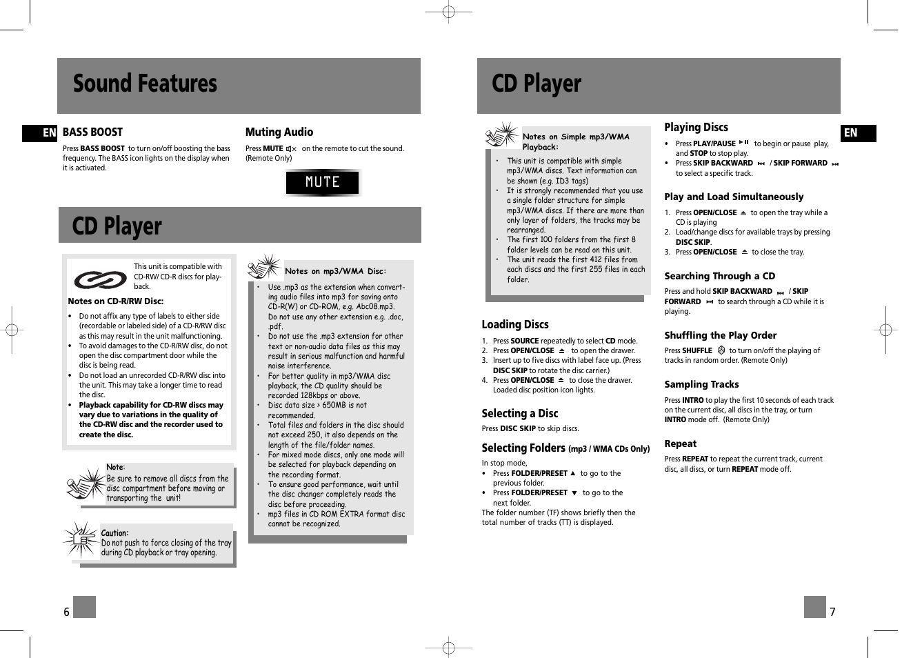 Sound features cd player, Cd player, Mute | RCA RS2655 User Manual | Page 5 / 9