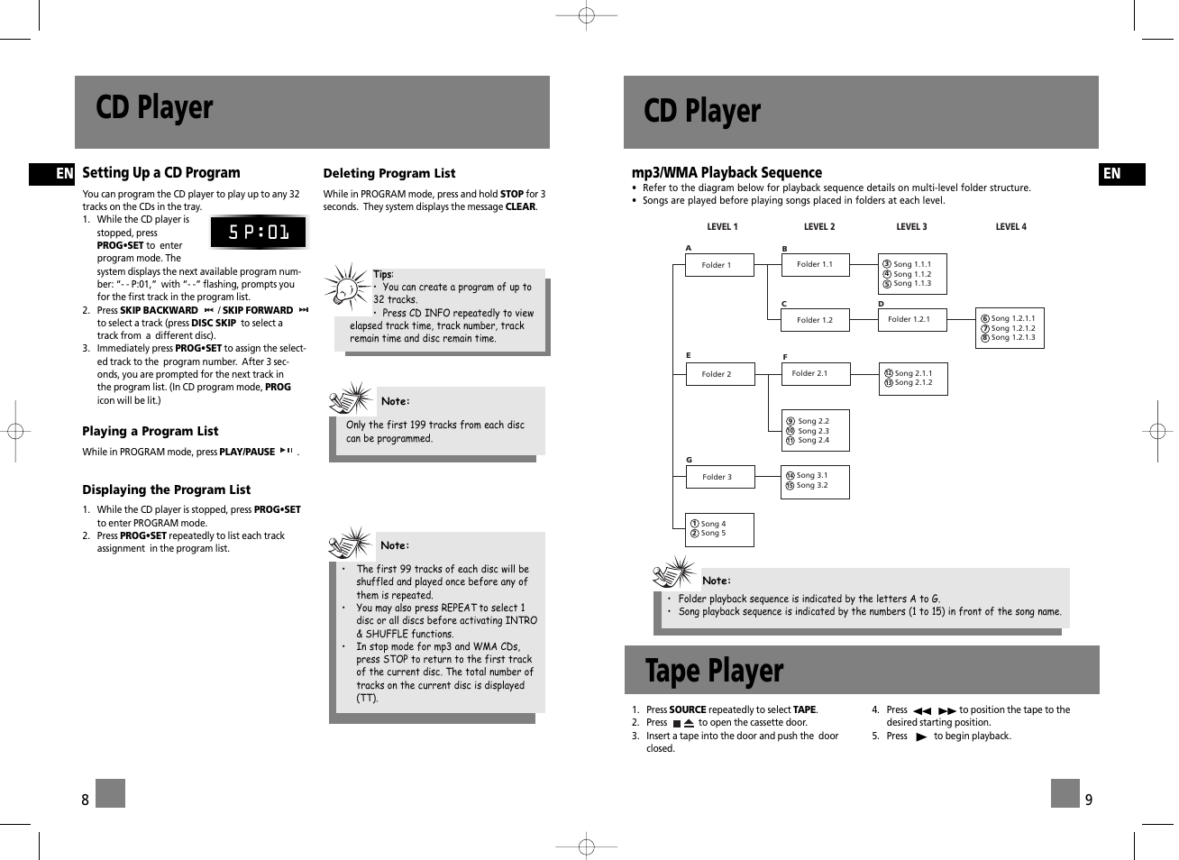 Cd player, Tape player, 5 p:01 | En 9, Setting up a cd program, Mp3/wma playback sequence | RCA RS2655 User Manual | Page 6 / 9
