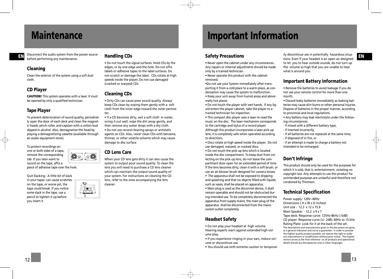 Important information maintenance | RCA RS2655 User Manual | Page 8 / 9