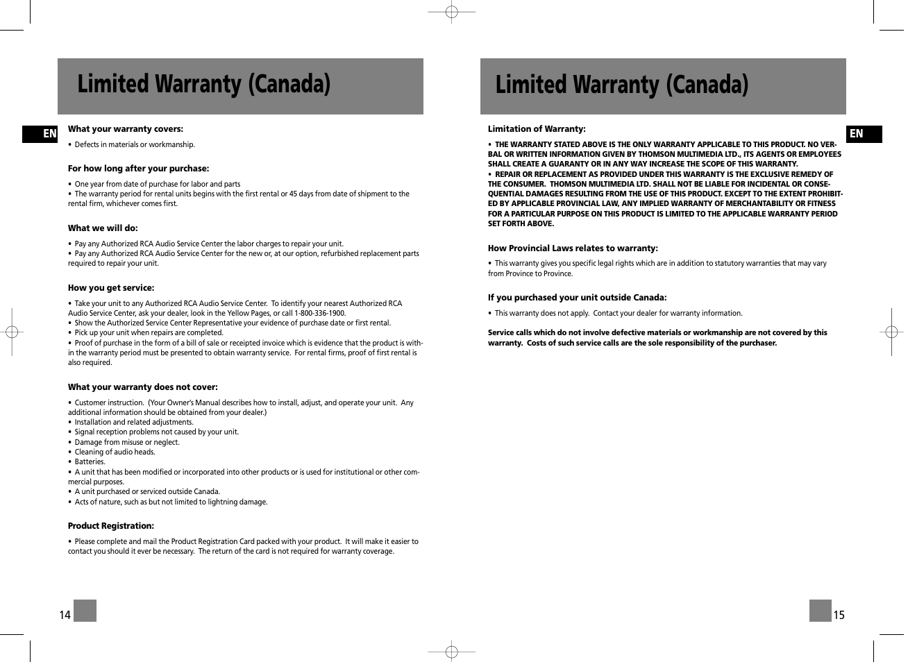 Limited warranty (canada) | RCA RS2655 User Manual | Page 9 / 9