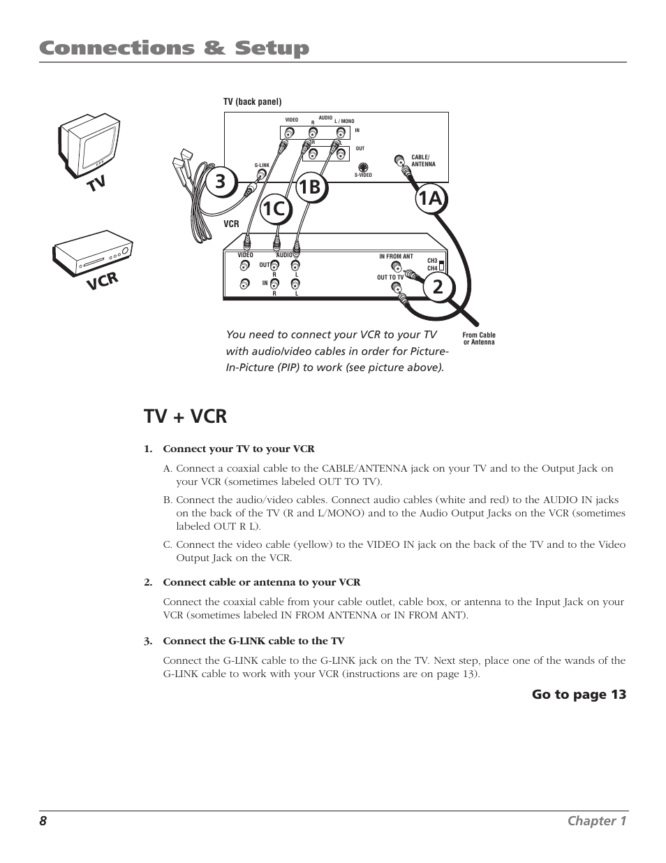 Connections & setup, 1a 1b 1c tv + vcr, Tv vcr | 8chapter 1, Go to page 13 | RCA TruFlat F32TF600 User Manual | Page 10 / 64