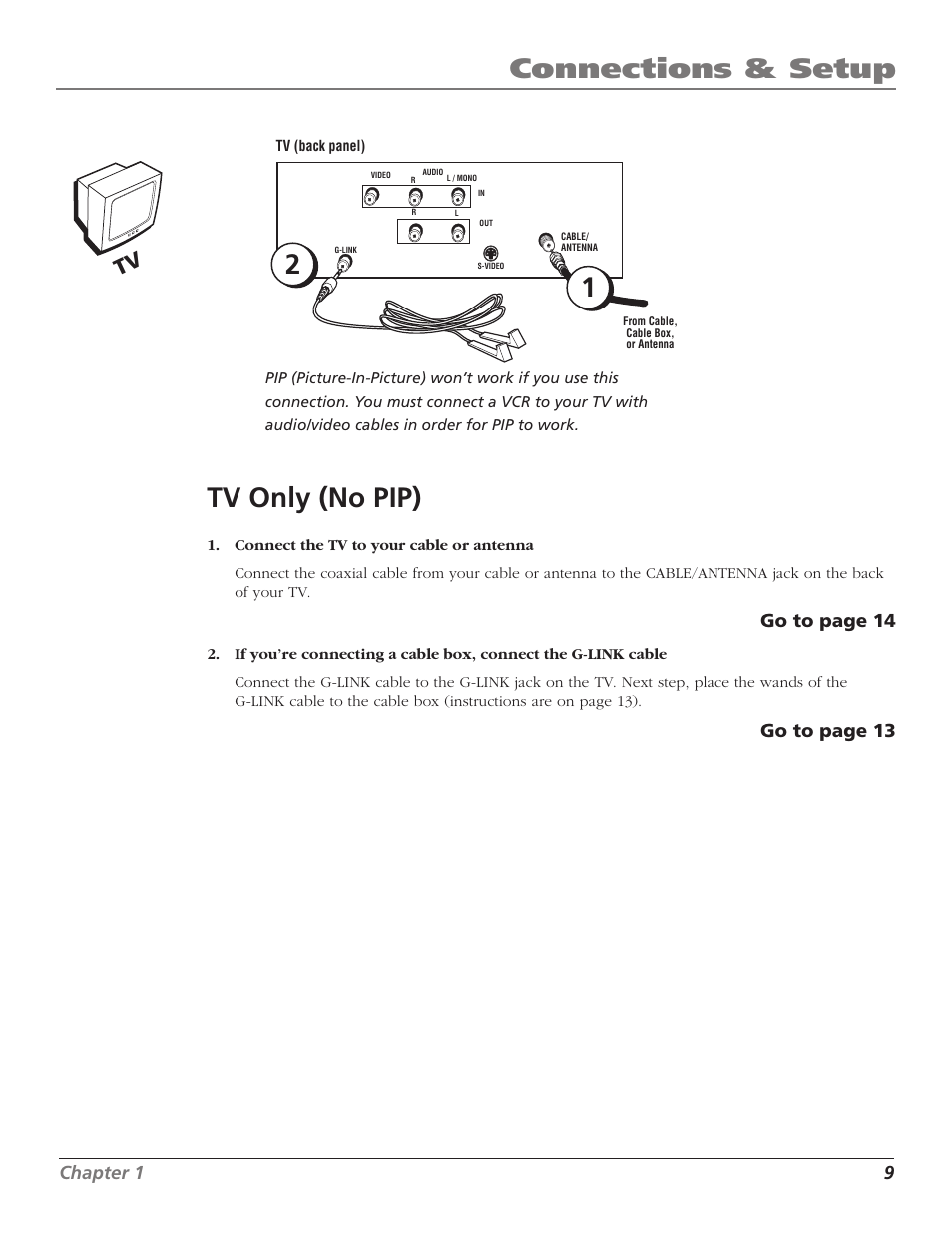 Connections & setup, 2tv only (no pip), Chapter 1 9 | Go to page 14, Go to page 13 | RCA TruFlat F32TF600 User Manual | Page 11 / 64
