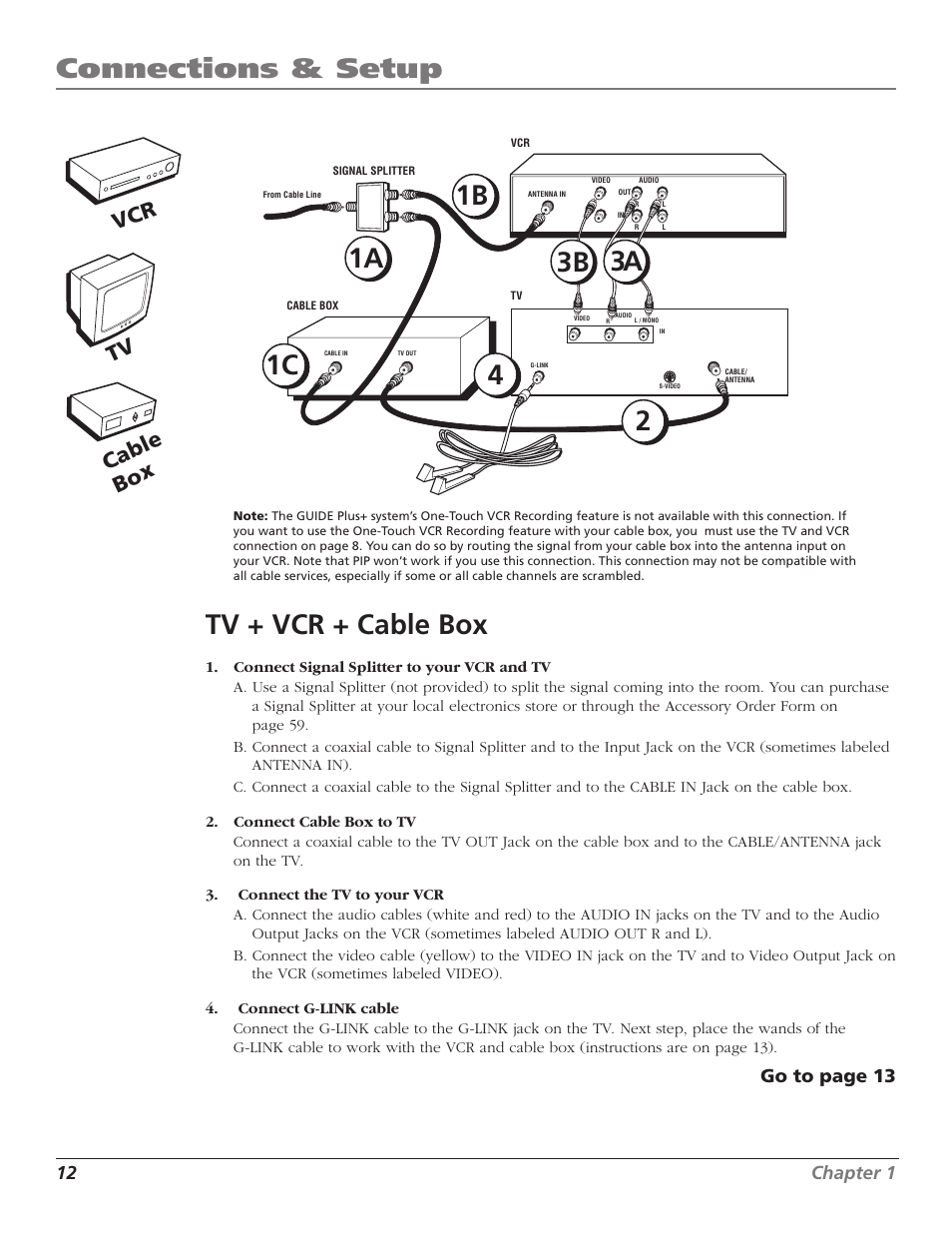 Connections & setup, Tv + vcr + cable box, Tv ca ble bo x vcr | 12 chapter 1, Go to page 13 | RCA TruFlat F32TF600 User Manual | Page 14 / 64