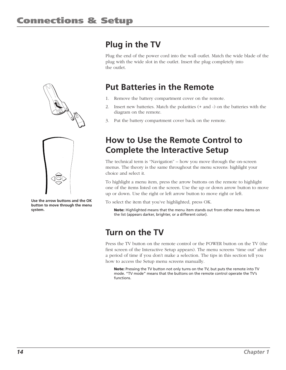 Connections & setup, Plug in the tv, Put batteries in the remote | Turn on the tv | RCA TruFlat F32TF600 User Manual | Page 16 / 64