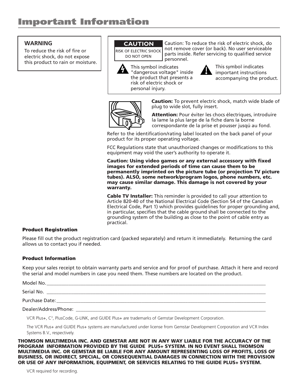 Important information | RCA TruFlat F32TF600 User Manual | Page 2 / 64