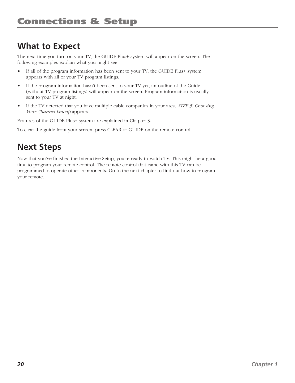 Connections & setup what to expect, Next steps | RCA TruFlat F32TF600 User Manual | Page 22 / 64