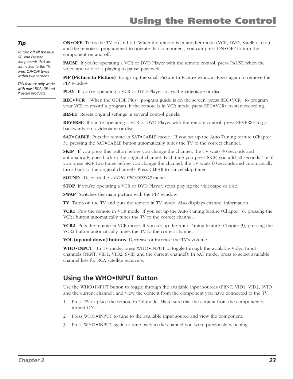 Using the remote control, Using the who•input button | RCA TruFlat F32TF600 User Manual | Page 25 / 64