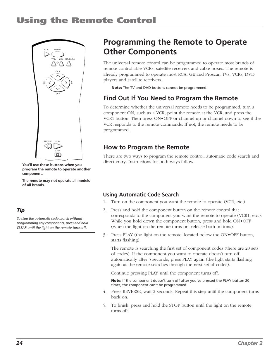 Using the remote control, Programming the remote to operate other components, Find out if you need to program the remote | How to program the remote, 24 chapter 2, Using automatic code search | RCA TruFlat F32TF600 User Manual | Page 26 / 64