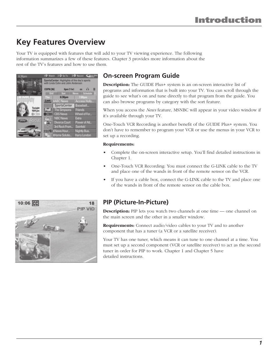 Introduction, Key features overview, On-screen program guide | Pip (picture-in-picture) | RCA TruFlat F32TF600 User Manual | Page 3 / 64