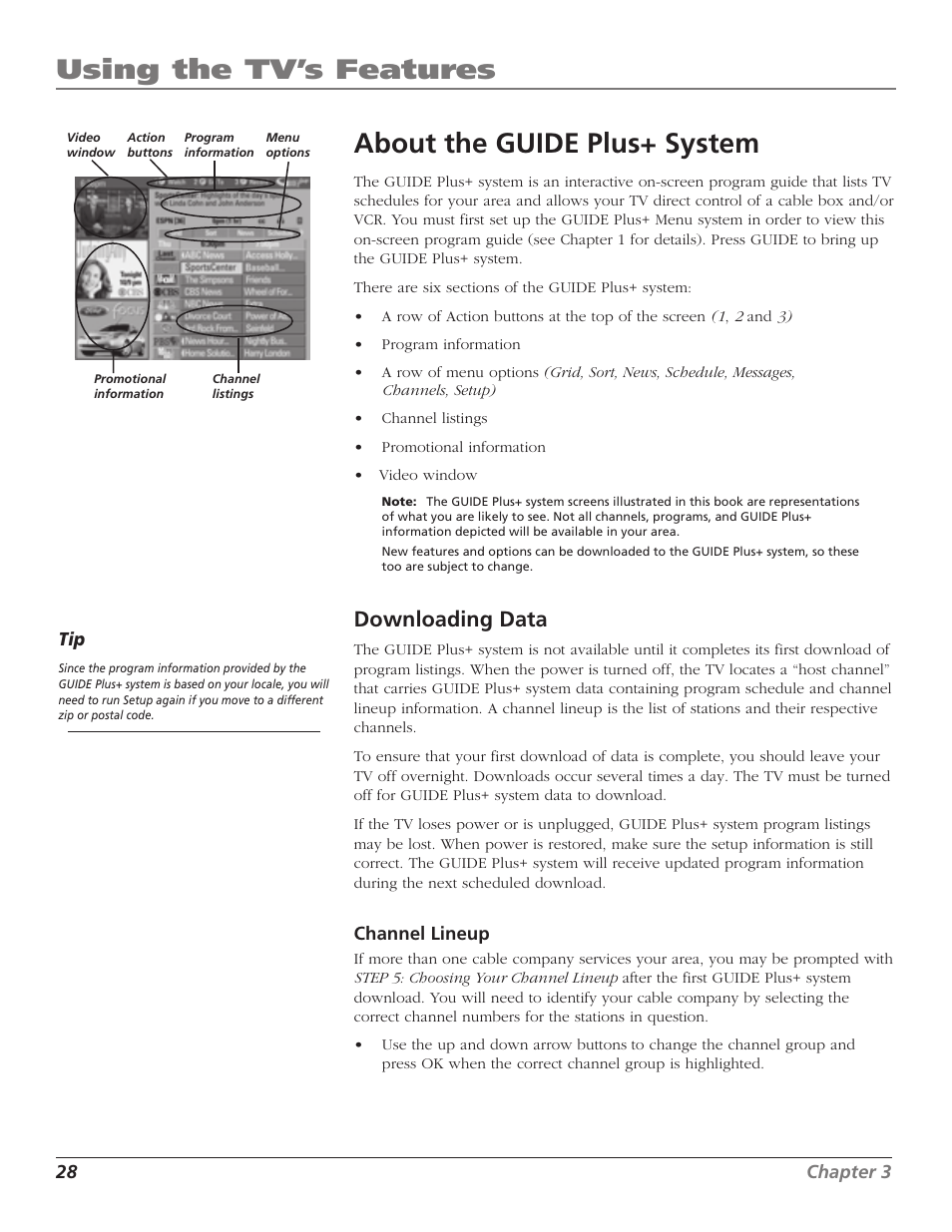 Using the tv’s features, About the guide plus+ system, Downloading data | RCA TruFlat F32TF600 User Manual | Page 30 / 64