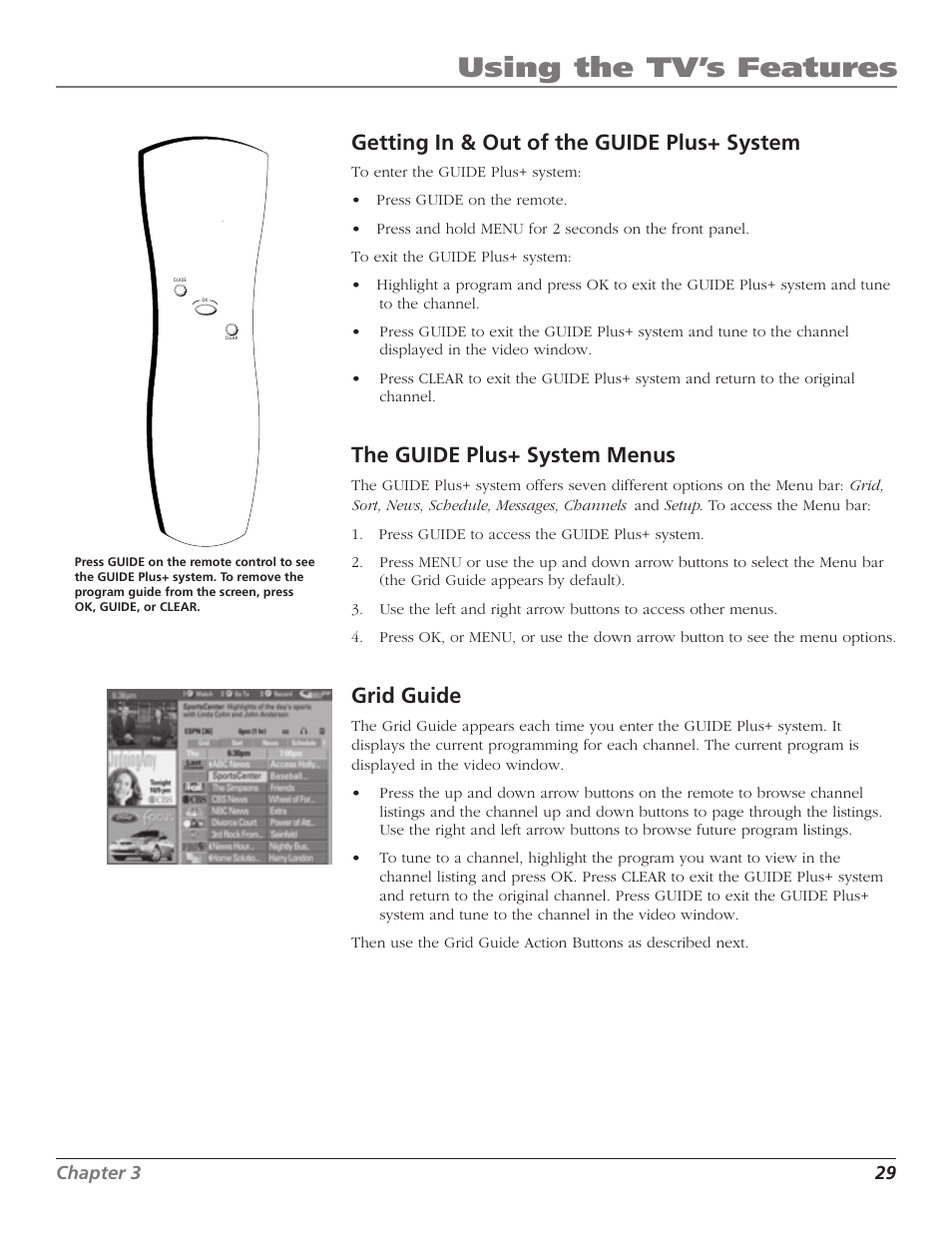 Using the tv’s features, Getting in & out of the guide plus+ system, The guide plus+ system menus | Grid guide | RCA TruFlat F32TF600 User Manual | Page 31 / 64