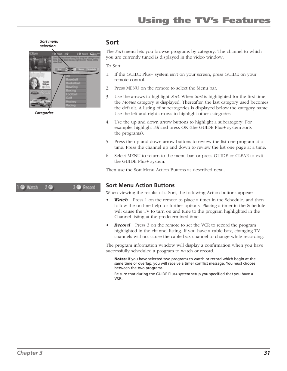 Using the tv’s features, Sort | RCA TruFlat F32TF600 User Manual | Page 33 / 64
