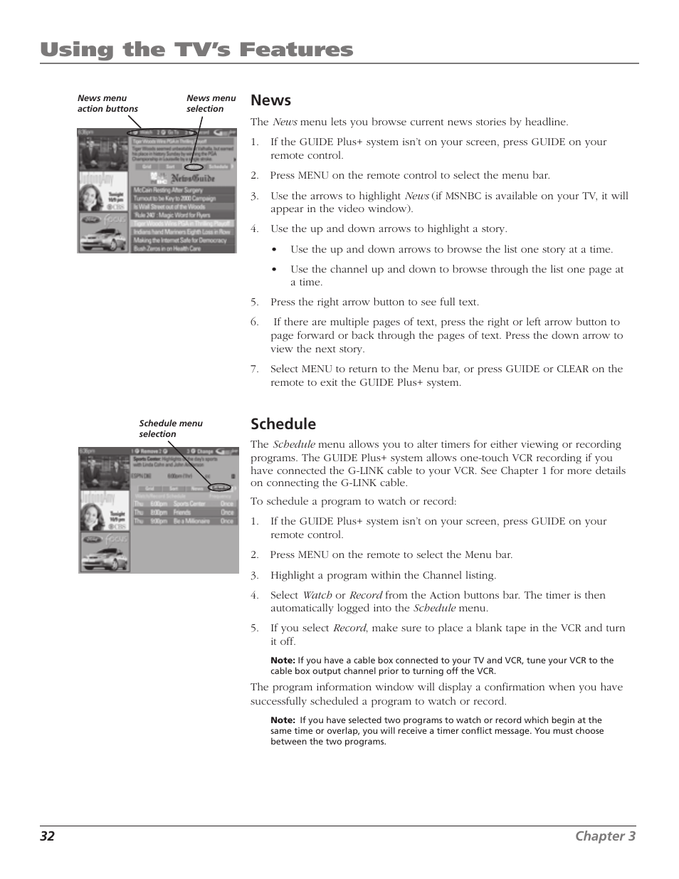 Using the tv’s features, News, Schedule | RCA TruFlat F32TF600 User Manual | Page 34 / 64