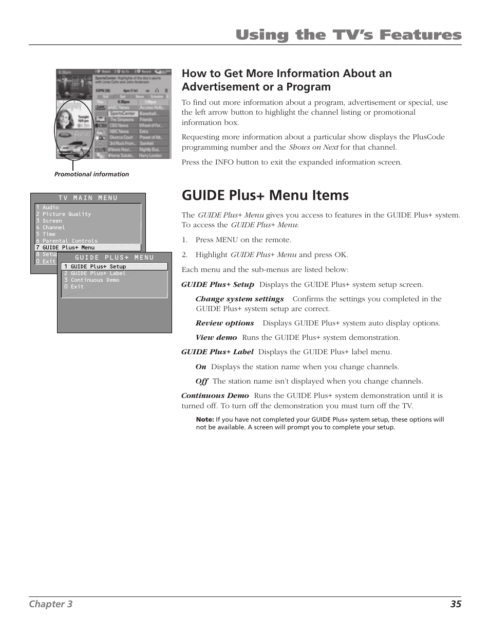Using the tv’s features, Guide plus+ menu items | RCA TruFlat F32TF600 User Manual | Page 37 / 64