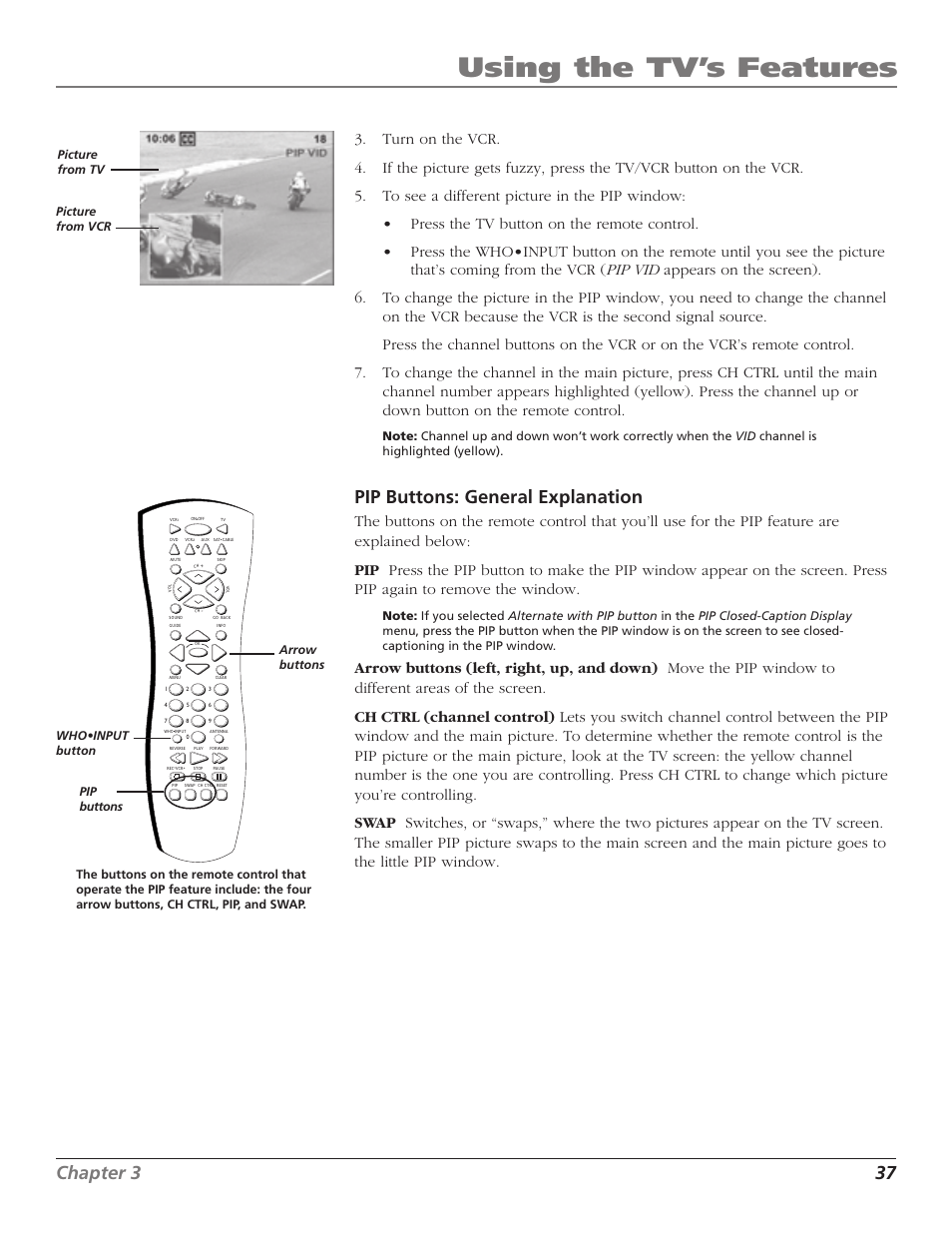 Using the tv’s features, Chapter 3 37, Pip buttons: general explanation | RCA TruFlat F32TF600 User Manual | Page 39 / 64