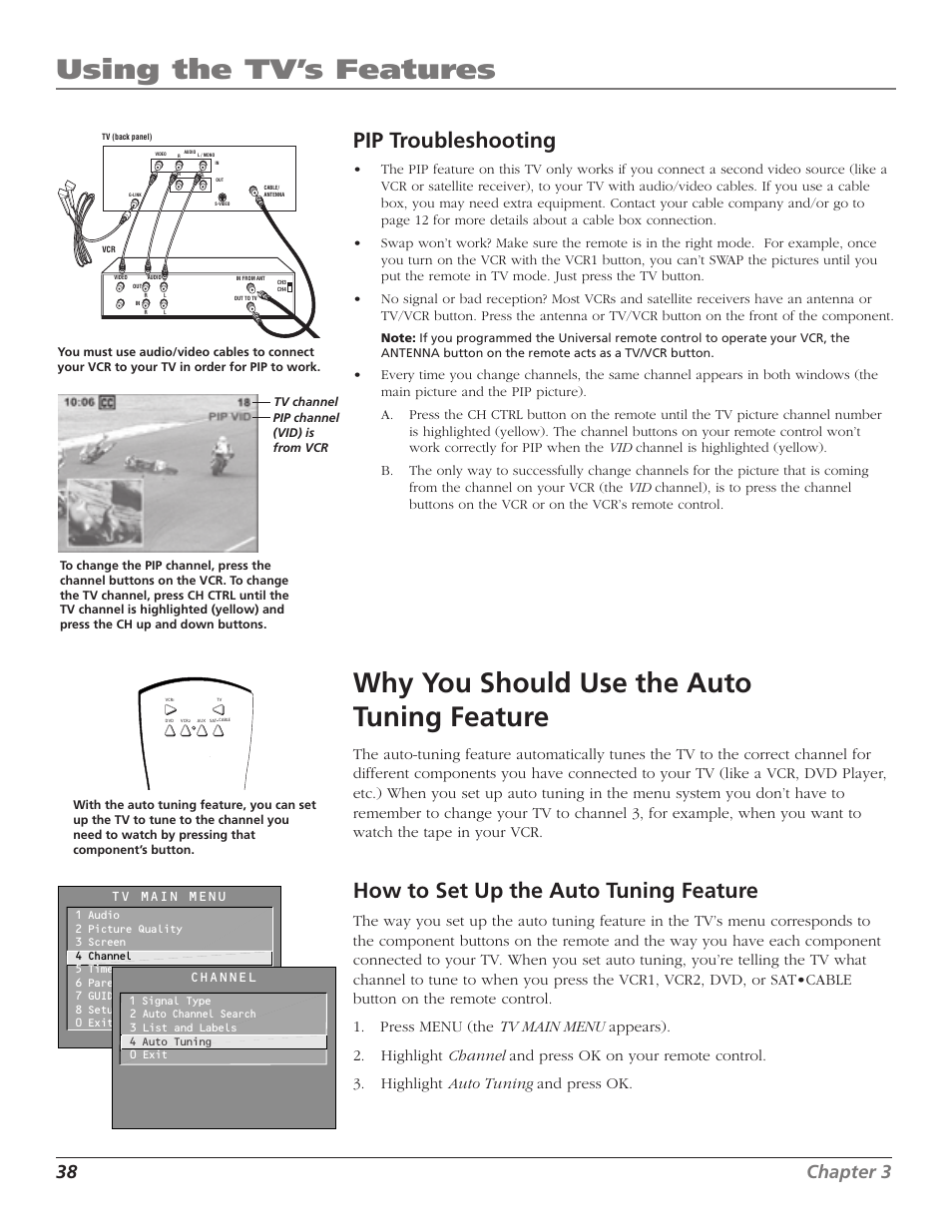 Using the tv’s features, Why you should use the auto tuning feature, Pip troubleshooting | How to set up the auto tuning feature, 38 chapter 3 | RCA TruFlat F32TF600 User Manual | Page 40 / 64