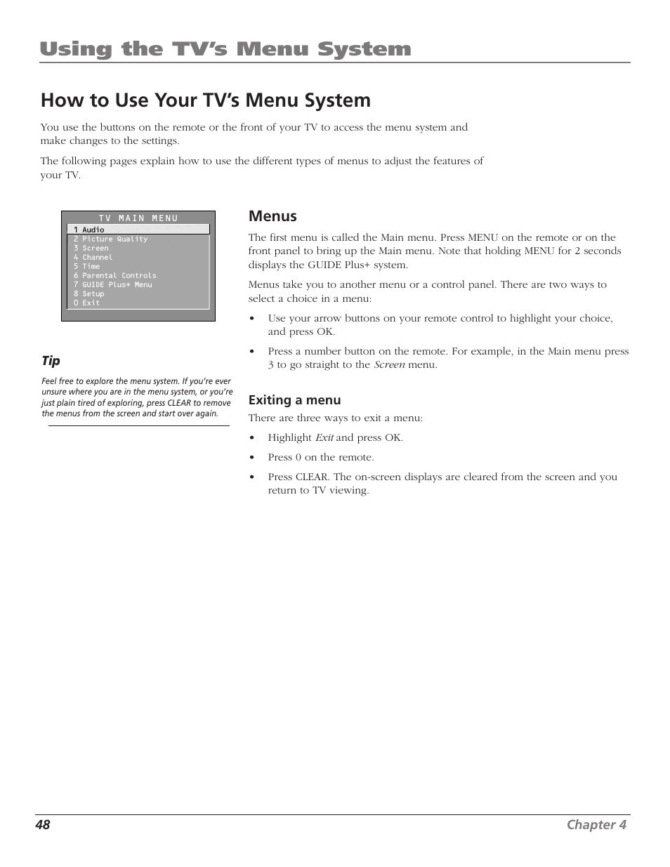 Using the tv’s menu system, How to use your tv’s menu system, Menus | RCA TruFlat F32TF600 User Manual | Page 50 / 64