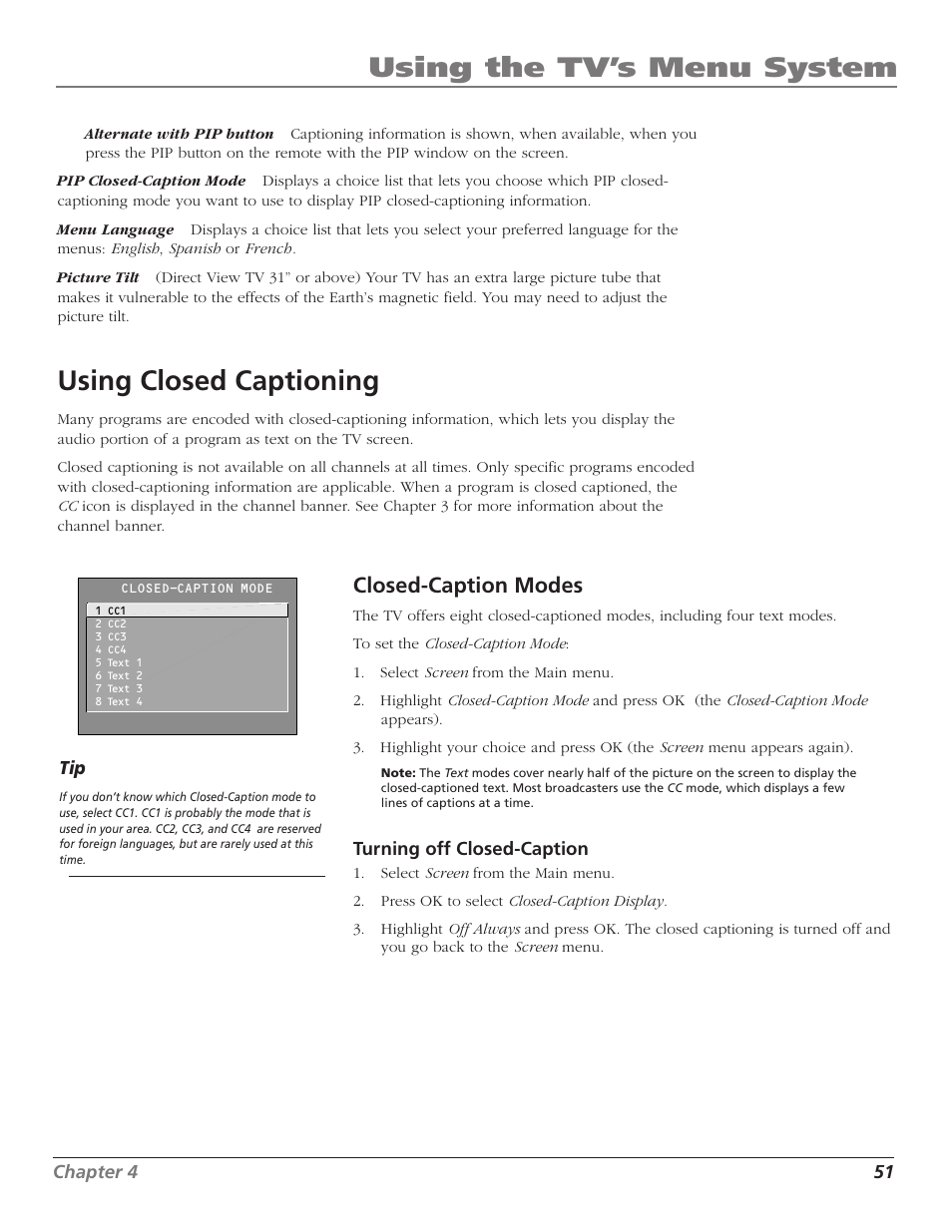 Using the tv’s menu system, Using closed captioning, Closed-caption modes | RCA TruFlat F32TF600 User Manual | Page 53 / 64