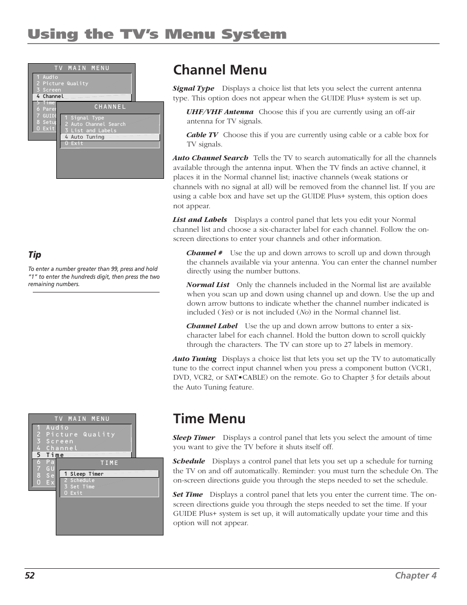 Using the tv’s menu system, Channel menu, Time menu | RCA TruFlat F32TF600 User Manual | Page 54 / 64