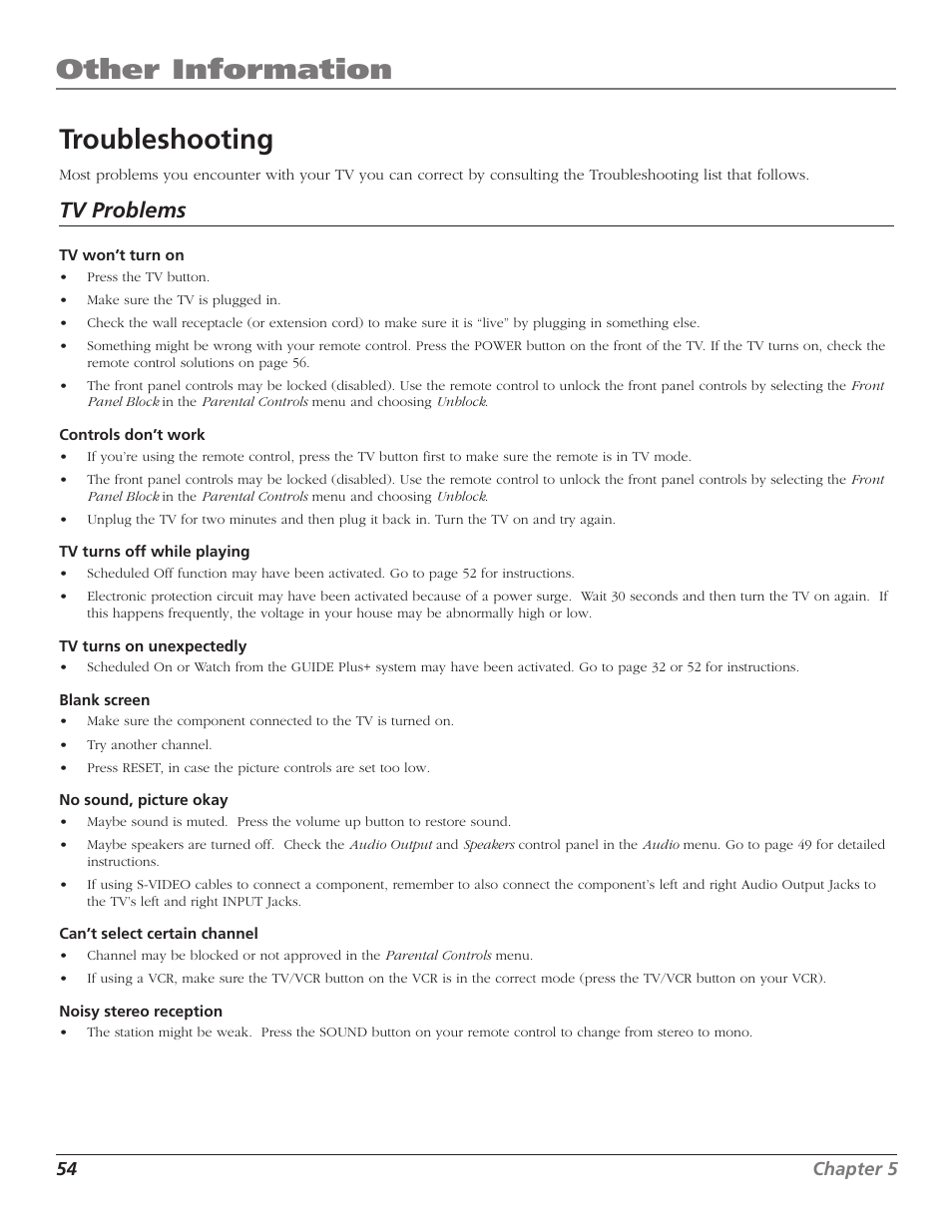 Other information, Troubleshooting, Tv problems | RCA TruFlat F32TF600 User Manual | Page 56 / 64