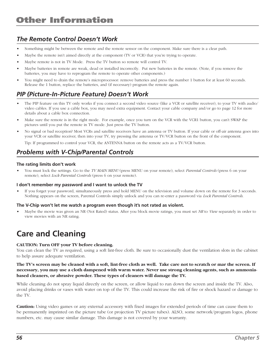 Other information, Care and cleaning, The remote control doesn’t work | Pip (picture-in-picture feature) doesn’t work, Problems with v-chip/parental controls | RCA TruFlat F32TF600 User Manual | Page 58 / 64