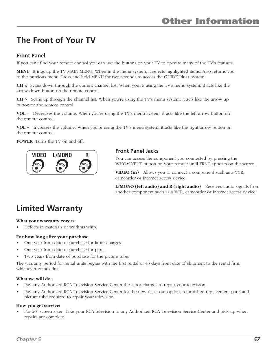 Other information the front of your tv, Limited warranty | RCA TruFlat F32TF600 User Manual | Page 59 / 64