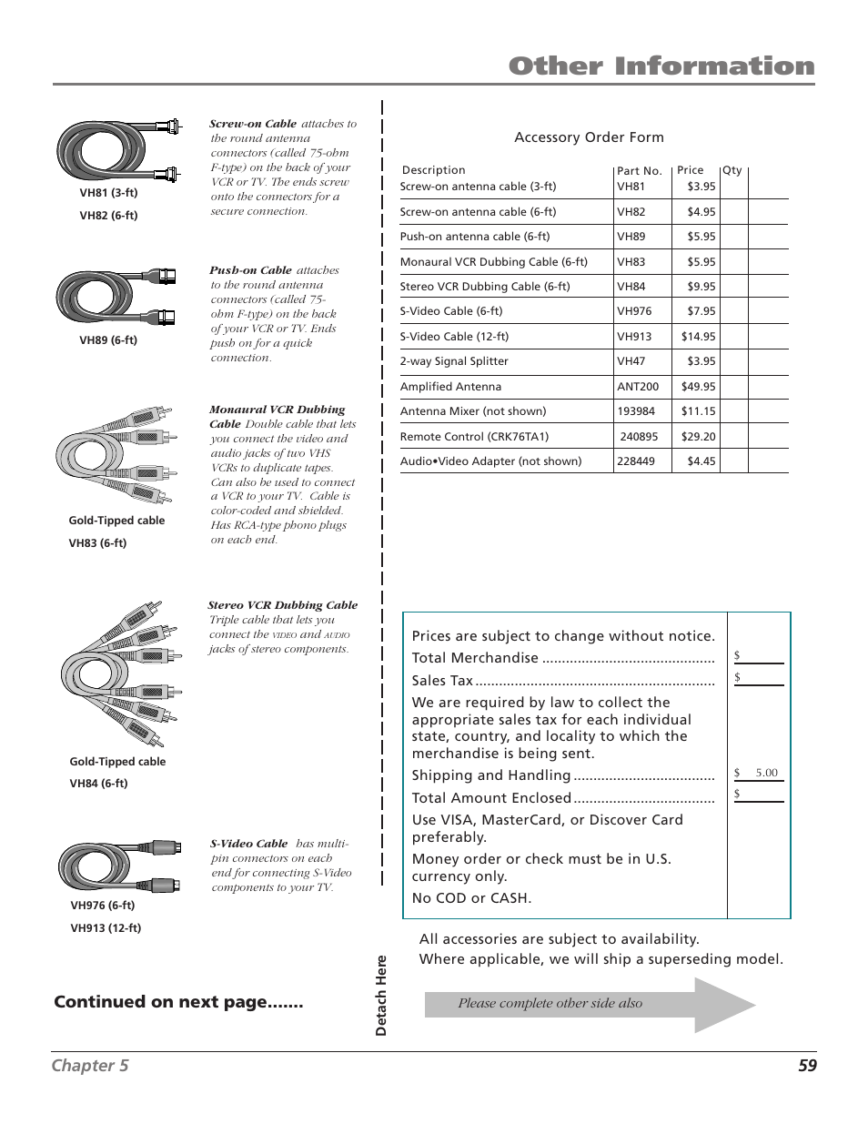 Other information, Chapter 5 59, Continued on next page | RCA TruFlat F32TF600 User Manual | Page 61 / 64