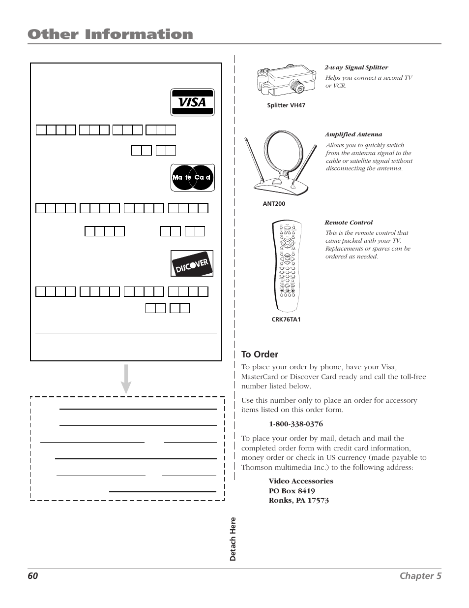 Other information, 60 chapter 5 to order, Detach her e | Use your credit card, Daytime phone number | RCA TruFlat F32TF600 User Manual | Page 62 / 64