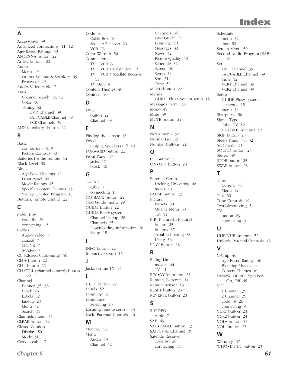 Index | RCA TruFlat F32TF600 User Manual | Page 63 / 64