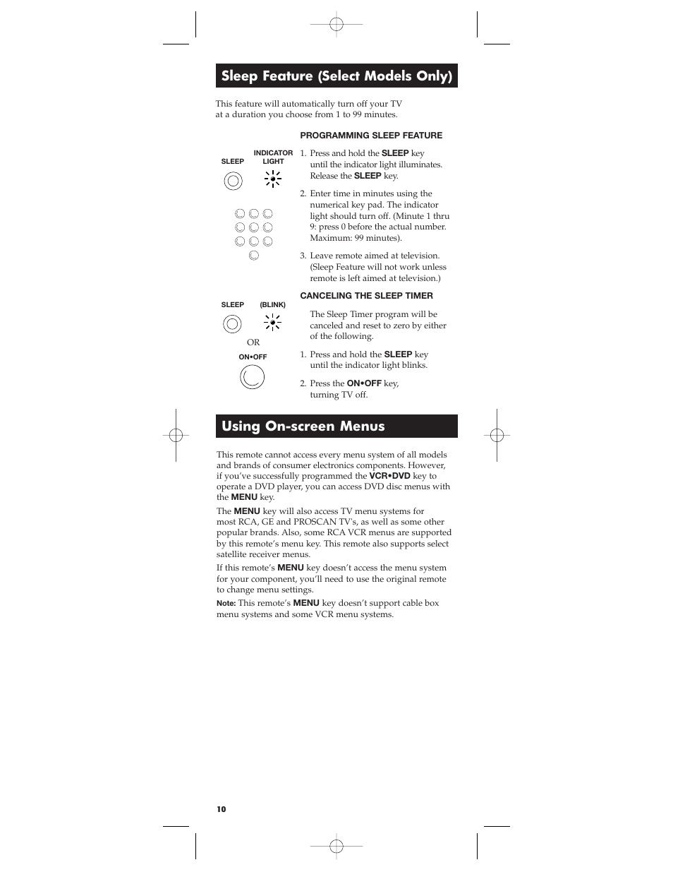 Sleep feature (select models only), Using on-screen menus | RCA RCU300 User Manual | Page 10 / 16