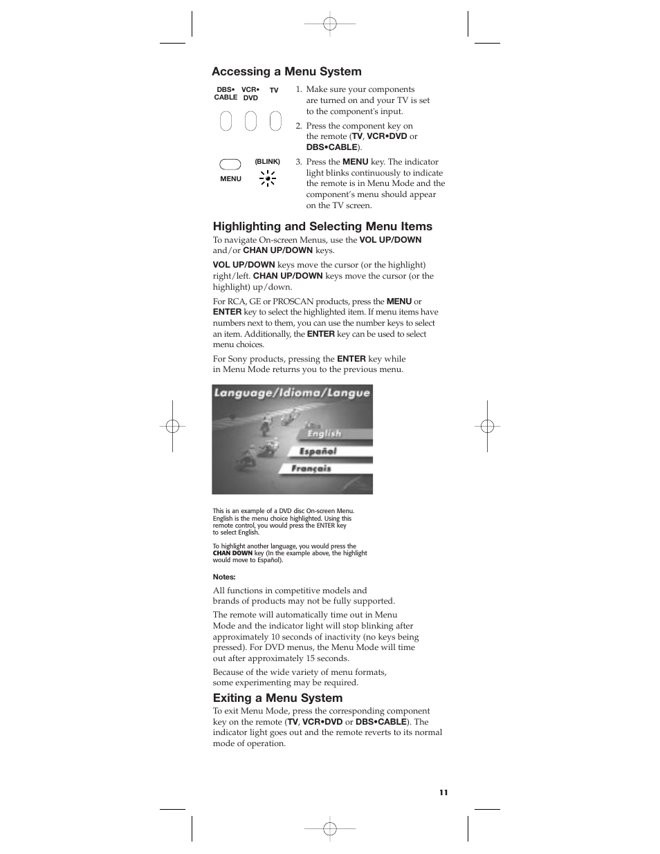 Highlighting and selecting menu items, Exiting a menu system, Accessing a menu system | RCA RCU300 User Manual | Page 11 / 16