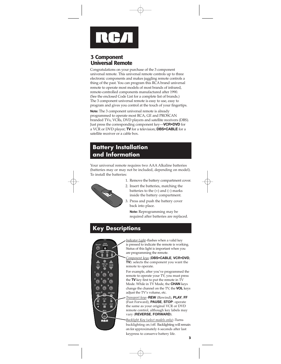 Battery installation and information, 3 component universal remote key descriptions | RCA RCU300 User Manual | Page 3 / 16