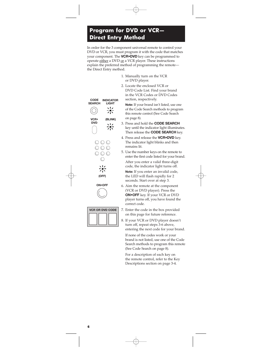 Program for dvd or vcr— direct entry method | RCA RCU300 User Manual | Page 6 / 16