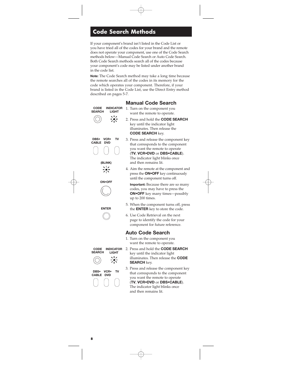 Code search methods, Manual code search, Auto code search | RCA RCU300 User Manual | Page 8 / 16