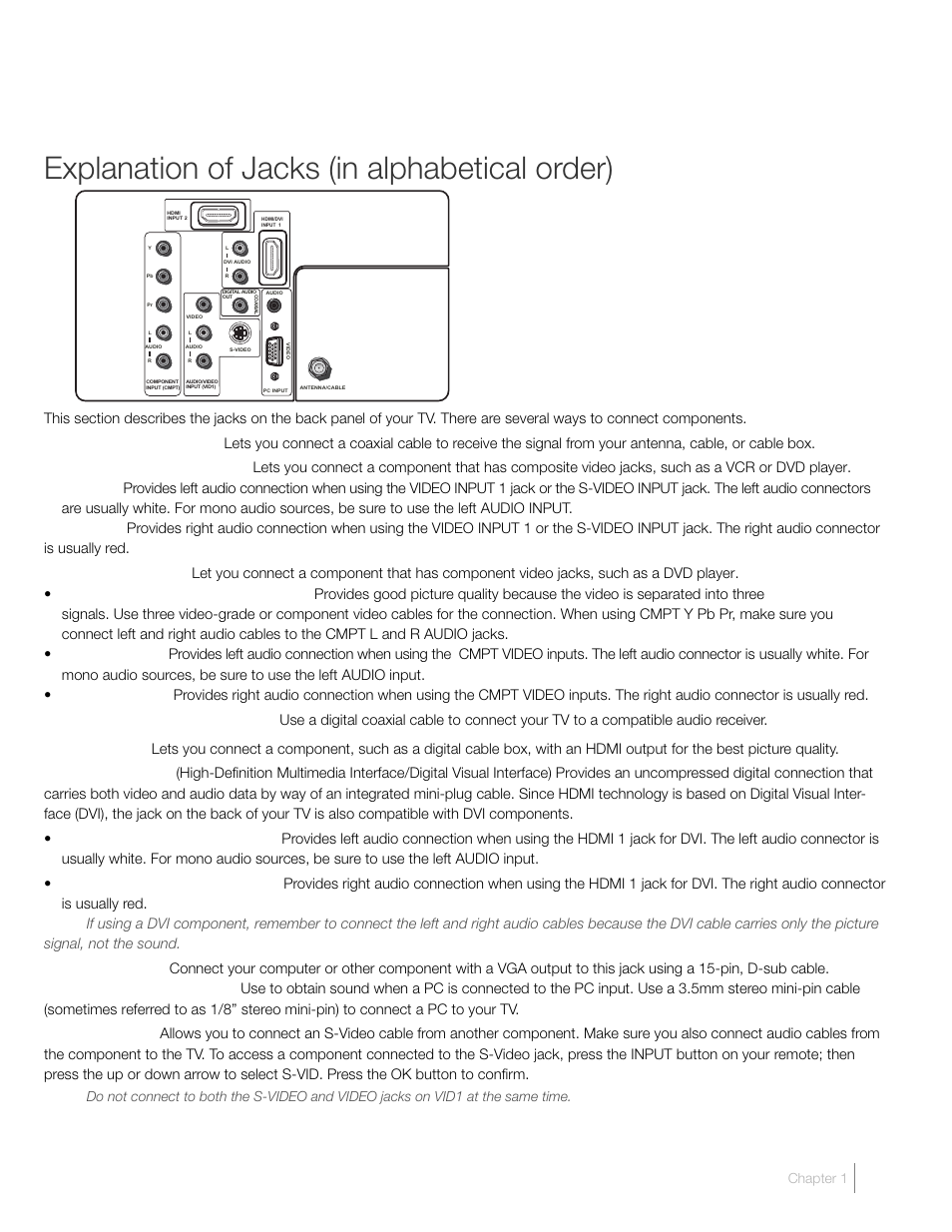 Explanation of jacks (in alphabetical order), Connections and setup chapter 1 | RCA L22HD41V User Manual | Page 17 / 40