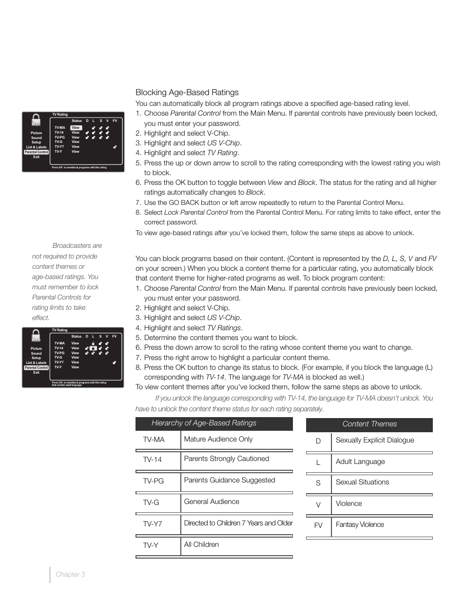 Us v-chip tv ratings blocking age-based ratings, Blocking specific content themes | RCA L22HD41V User Manual | Page 22 / 40