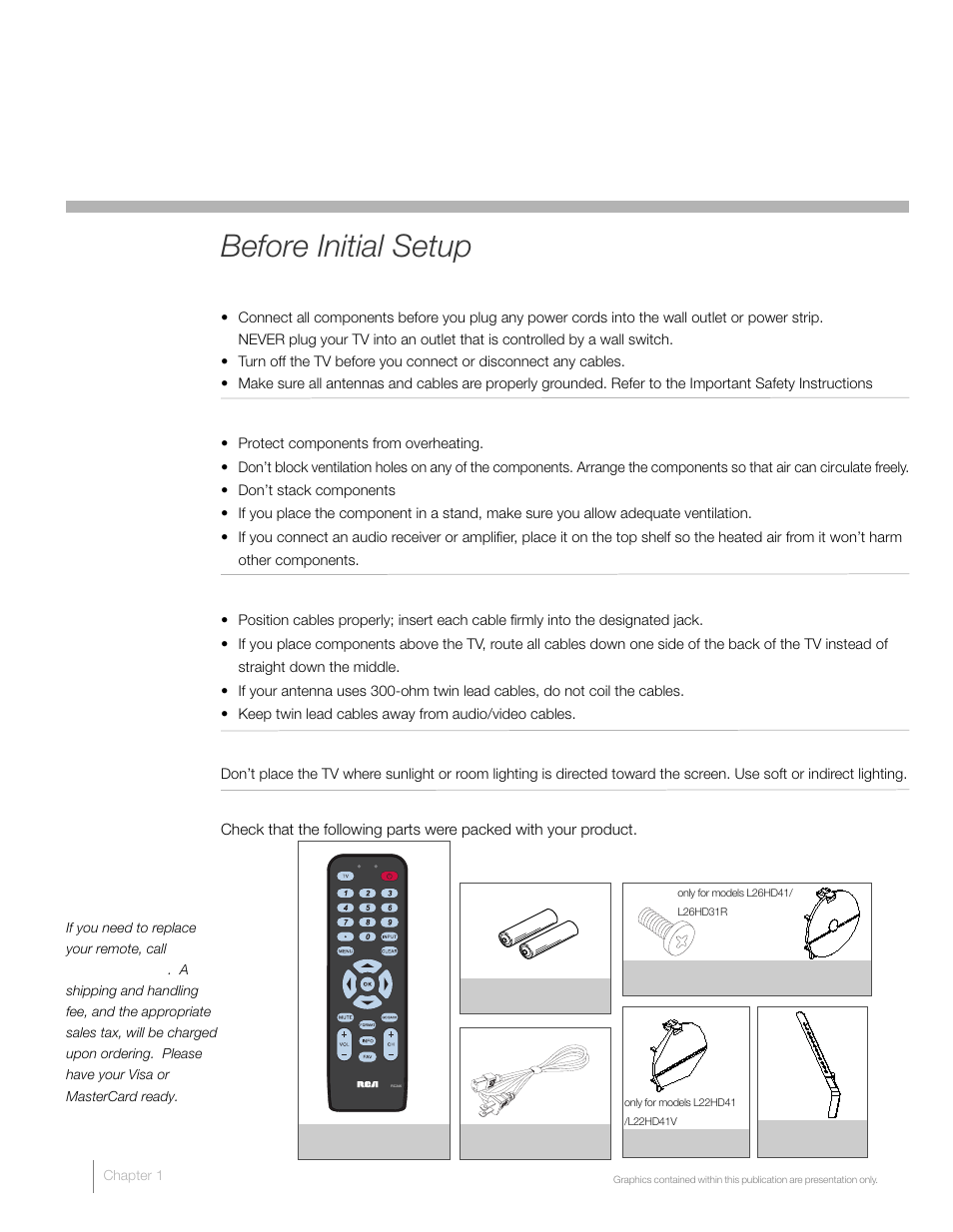 1 connections and setup, Before initial setup | RCA L22HD41V User Manual | Page 6 / 40