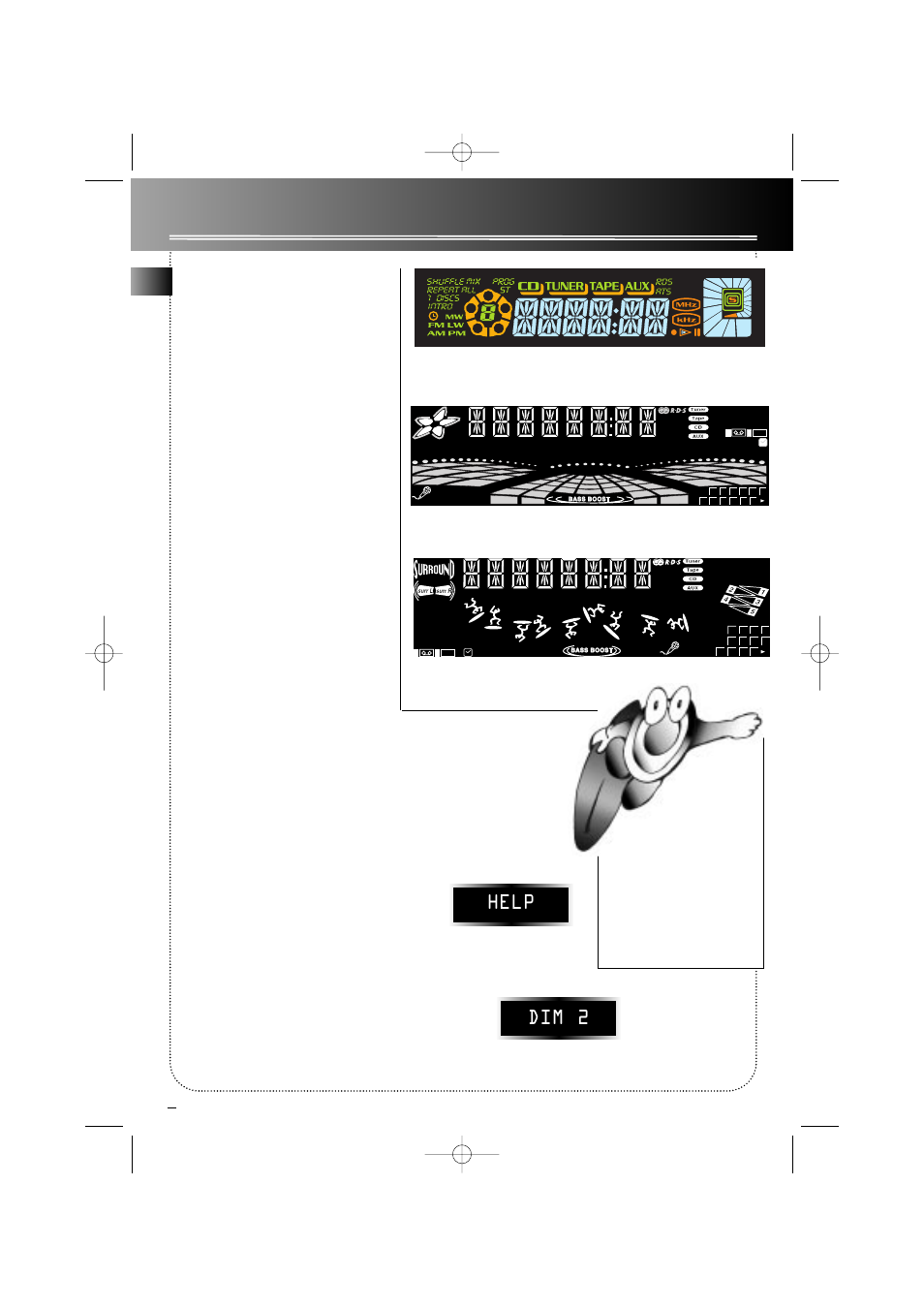 Display, Showing the demonstration, Alarm/clock | Setting the time, Setting the alarm, Activating the alarm, Displaying help messages, Adjusting the display brightness, Help dim 2 | RCA A580 User Manual | Page 8 / 17