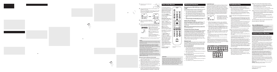 Care and maintenance, Reassigning the dvd•vcr key to control a vcr, Code retrieval | Volume punch-through, Transport key punch-through, Channel lock | RCA RCRN03BR User Manual | Page 2 / 2