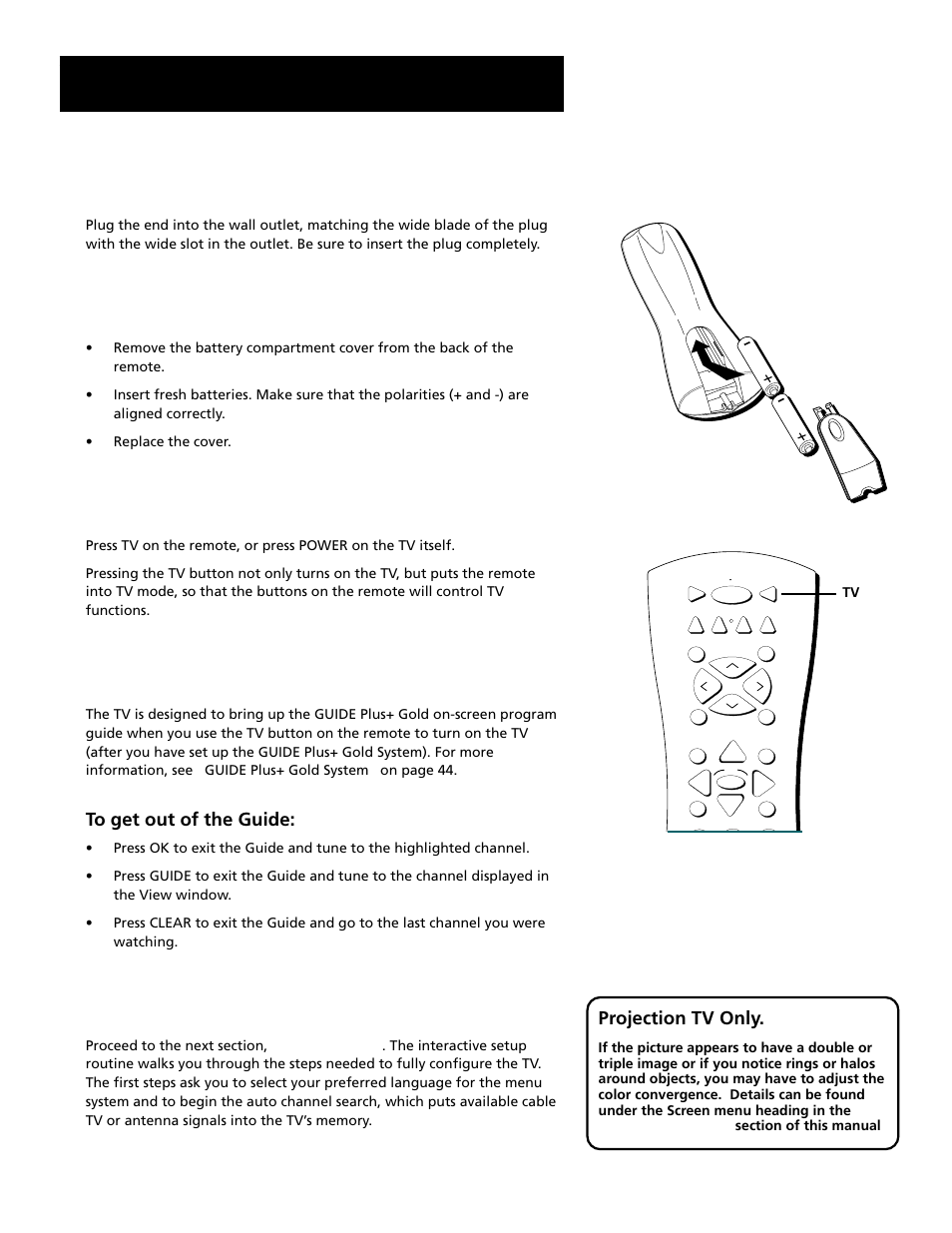 Step 4: plug in the tv, Step 5: place batteries in remote, Step 6: turn on the tv 10 | On-screen program guide, Step 7: program the tv, Setup and connections, Step 6: turn on the tv, Projection tv only | RCA F27689 User Manual | Page 12 / 64