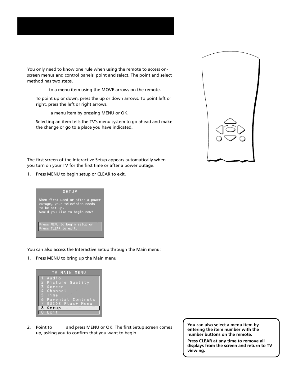 Using point and select, Entering setup, Interactive setup | RCA F27689 User Manual | Page 14 / 64