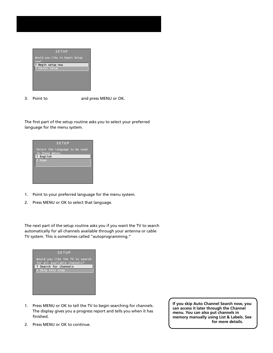 Select a language, Auto channel search, Interactive setup | RCA F27689 User Manual | Page 15 / 64