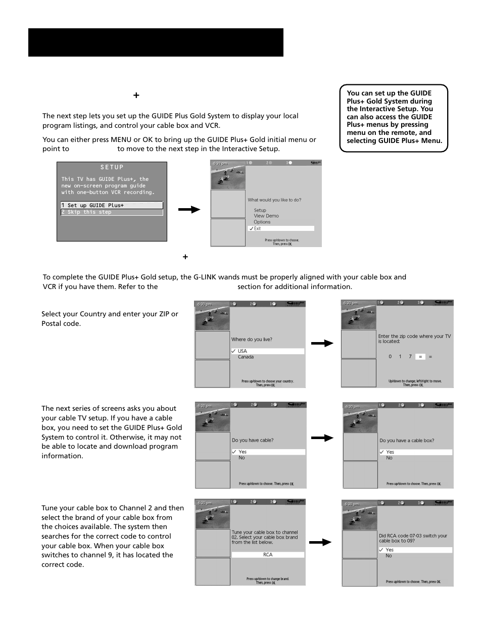 The guide plus+ gold system, Setting up the guide plus+ gold system, Interactive setup | The guide pi, Gold system | RCA F27689 User Manual | Page 16 / 64