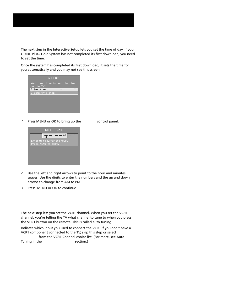 Setting the time, Setting the vcr1 channel (auto tuning), Interactive setup | RCA F27689 User Manual | Page 18 / 64