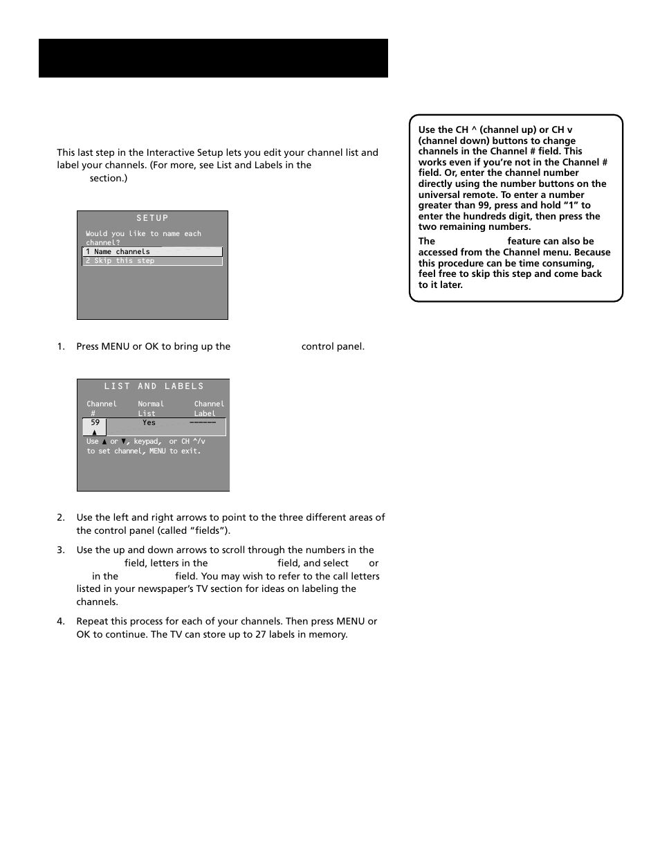 Labeling the channels, Interactive setup | RCA F27689 User Manual | Page 22 / 64