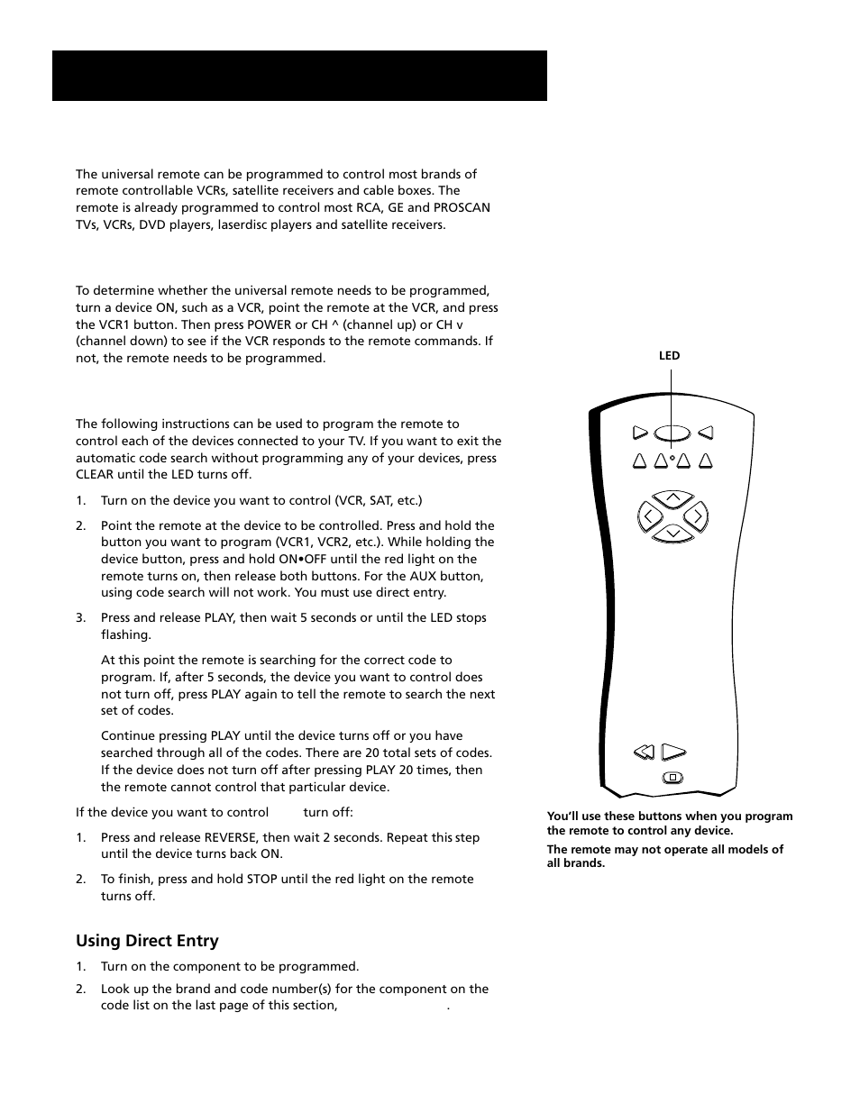 Programming the remote, Testing the remote, Using automatic code search | Using the remote, Using direct entry | RCA F27689 User Manual | Page 26 / 64