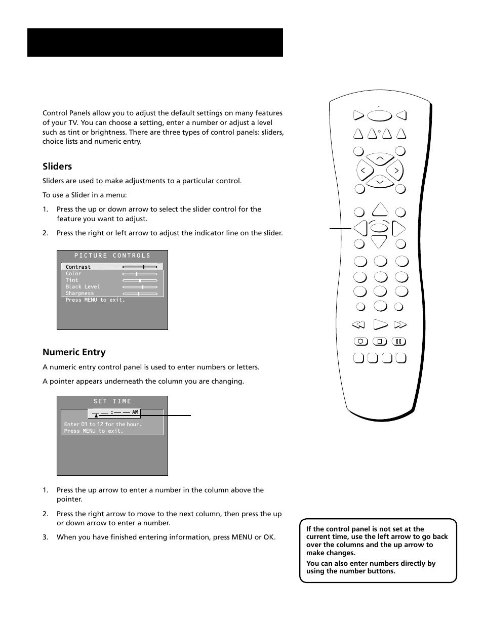 Control panels, Features and menus, Sliders | Numeric entry | RCA F27689 User Manual | Page 31 / 64