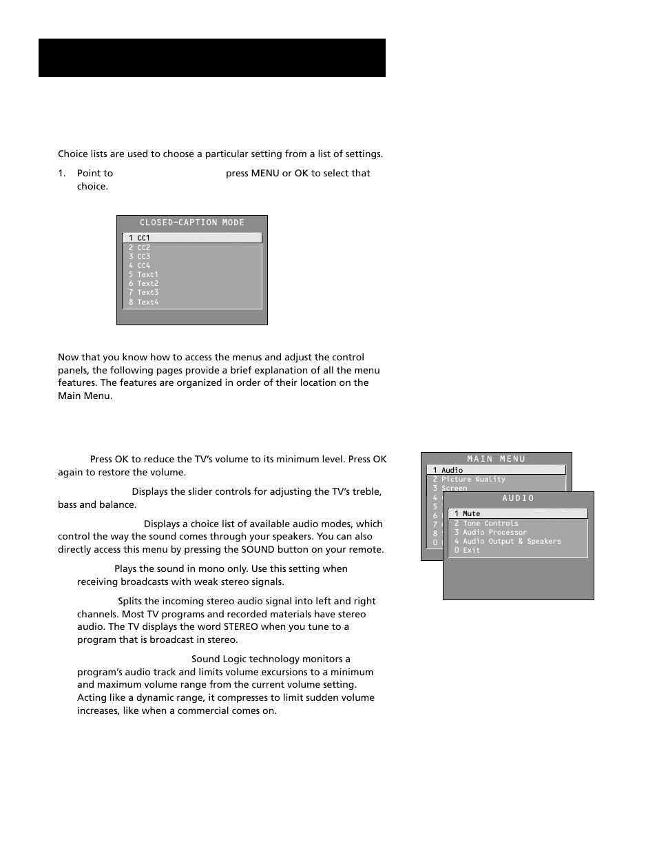 Audio menu, Features and menus | RCA F27689 User Manual | Page 32 / 64